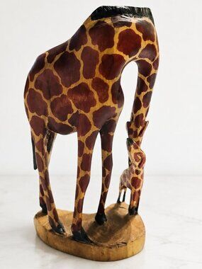 Kenyan Hand-Carved Wood Mother & Nursing Baby Giraffe Figurine 8”